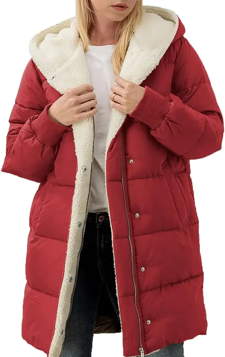 Damen Langer Steppmantel mit Kapuze und Teddyfutter, Winter Warme Jacke