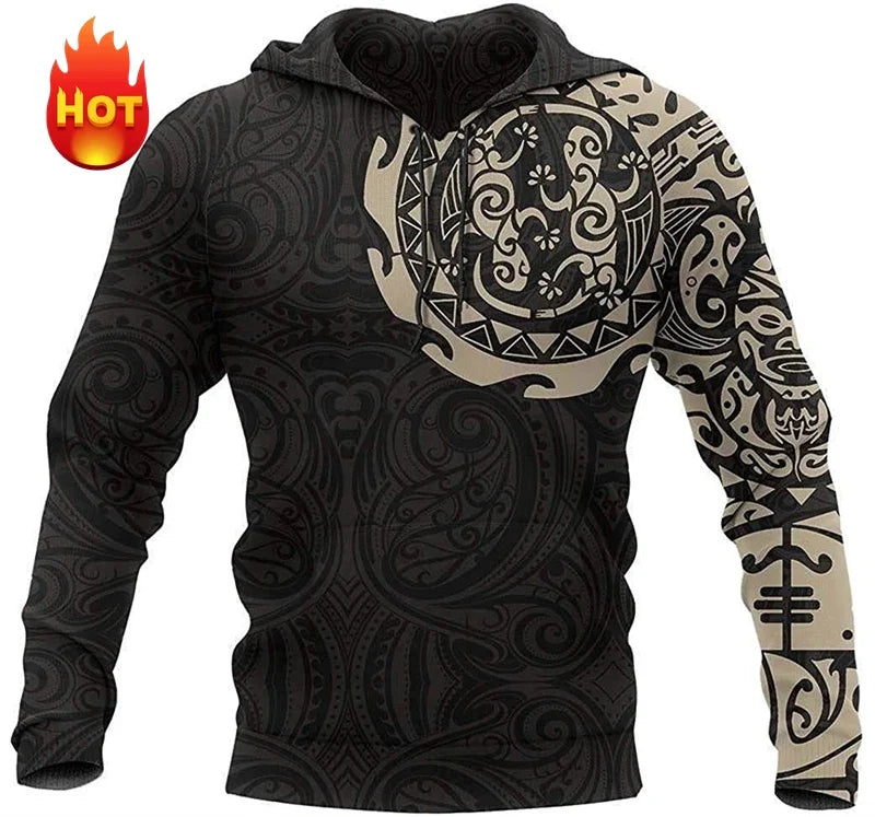 Unisex hoodie met capuchon en tribaal patroon in blauw/zwart