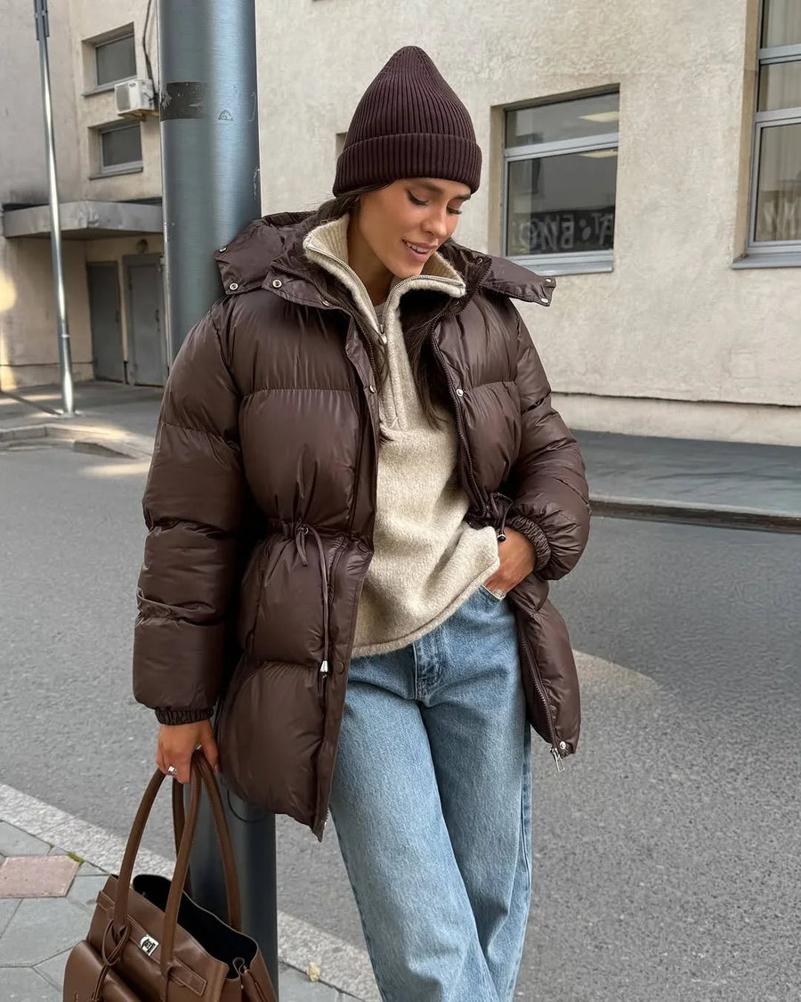 Damen Daunenjacke Winter Steppjacke mit Kapuze & Kordelzug