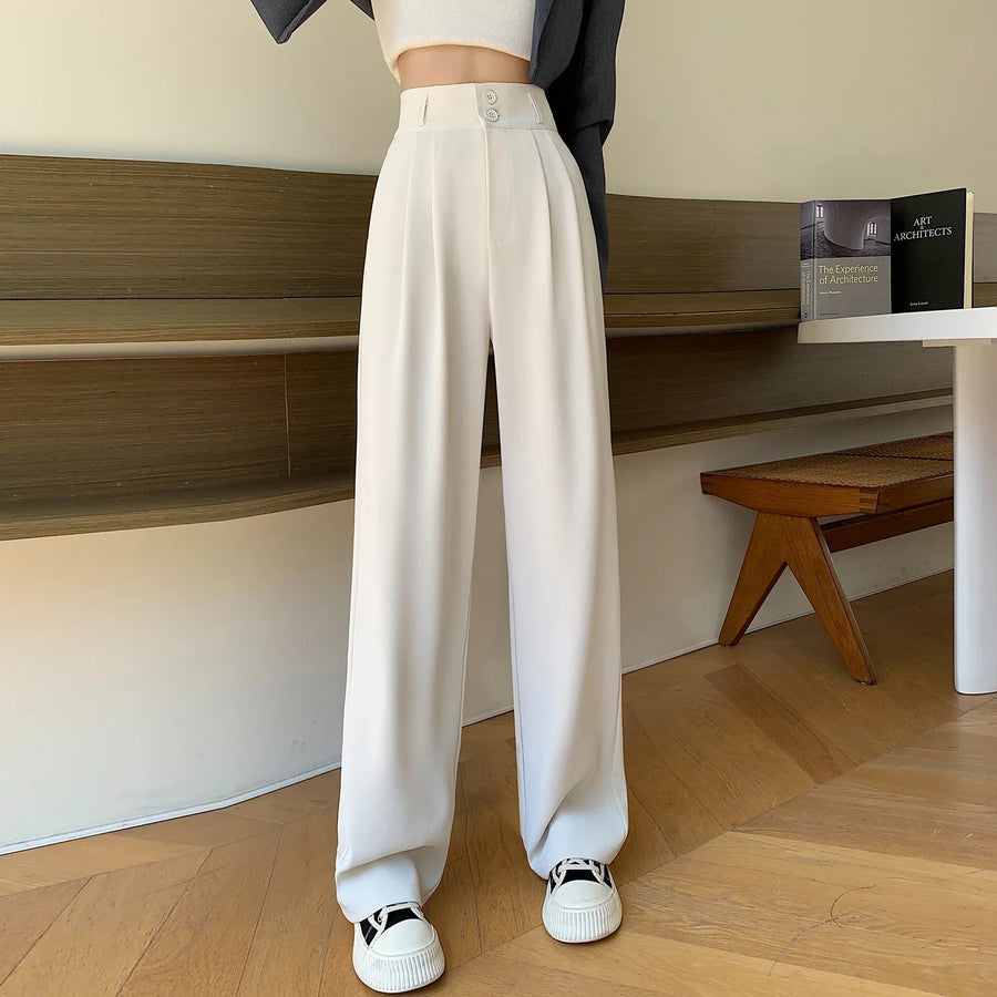 Wijde damesbroek met hoge taille, plooien en knoopsluiting