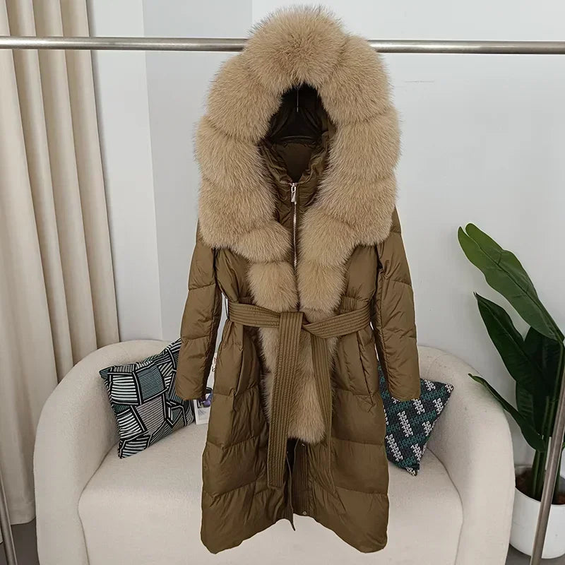 Damen Winter Steppmantel Lang mit Kapuze und Kunstpelzbesatz Gürtel