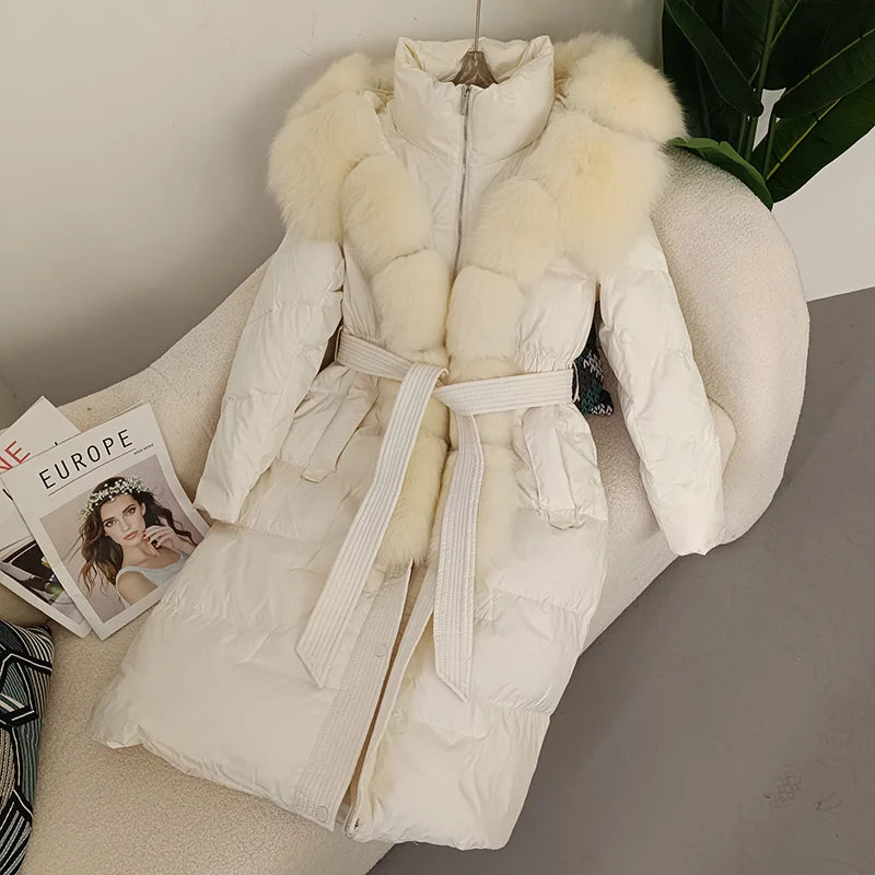 Damen Winter Steppmantel Lang mit Kapuze und Kunstpelzbesatz Gürtel