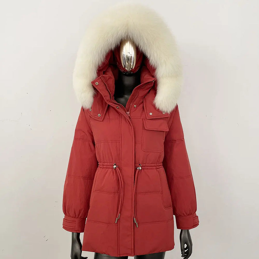 Damen Winterjacke Parka mit Kapuze Kunstfellbesatz Tunnelzug Creme