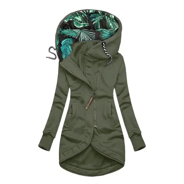 Damen Hoodie Jacke mit asymmetrichem Reißverschluss und Tropenmuster-Kapuzenfutter