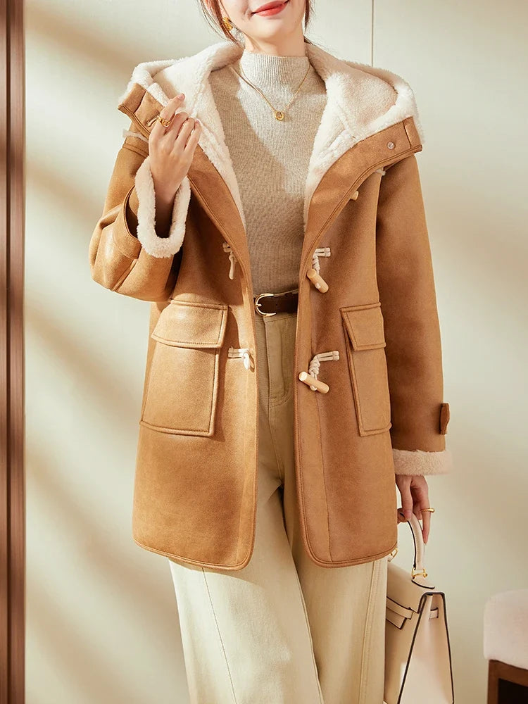 Damen Dufflecoat mit Kapuze und Knebelverschlüssen in Camel