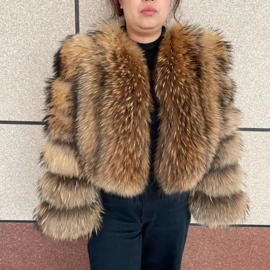 Kurze Damen Kunstpelzjacke mit langen Ärmeln und V-Ausschnitt, mehrfarbig