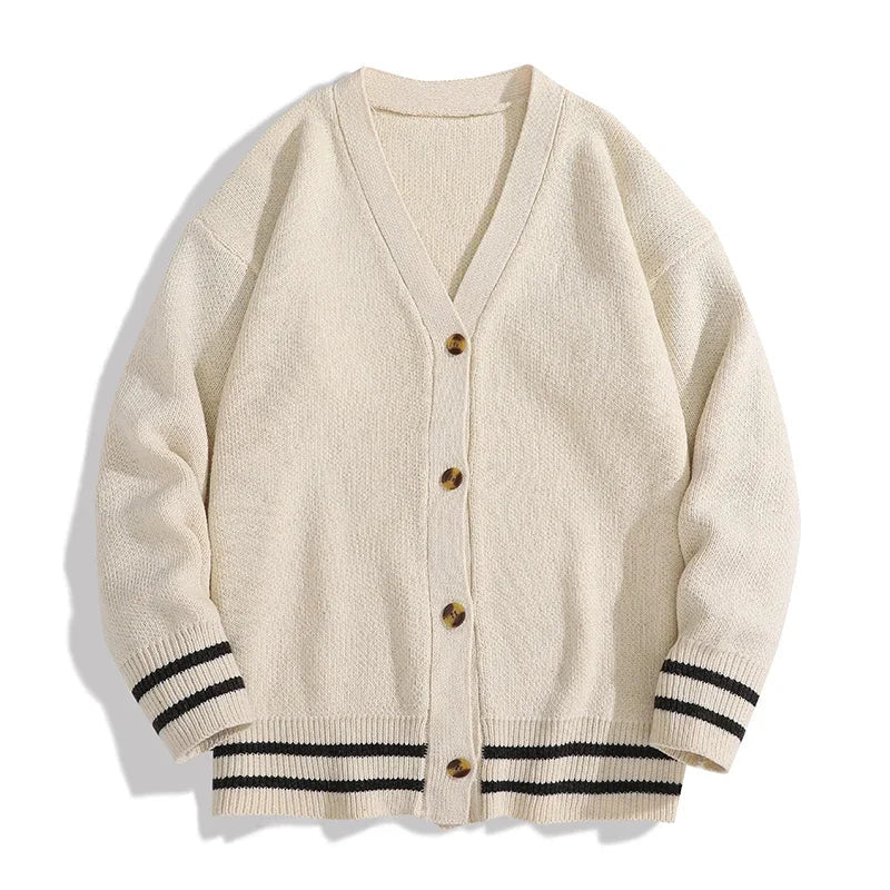 Unisex gebreid vest met V-hals, knoopsluiting en gestreepte mouwen