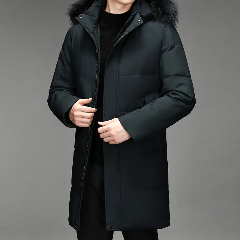 Herren Winter Parka lang mit Kapuze und Fellimitat dunkelgrau