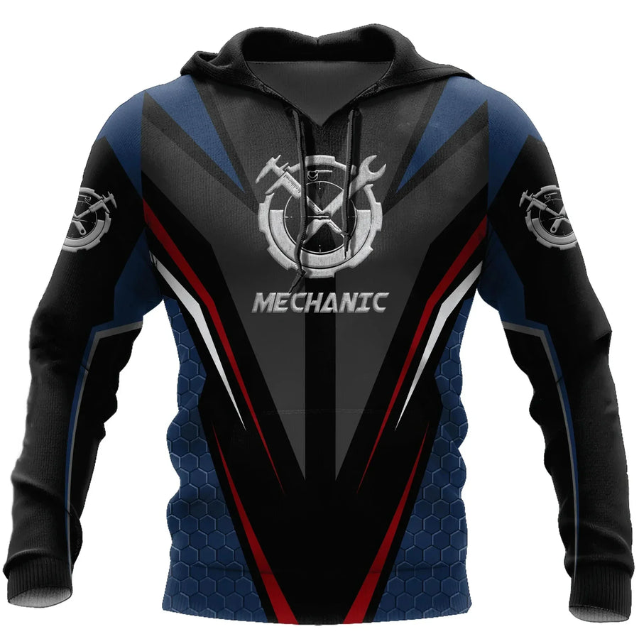 Kapuzenpullover Herren Hoodie Mechaniker-Design Motor Kolben Werkzeug Schwarz Grau