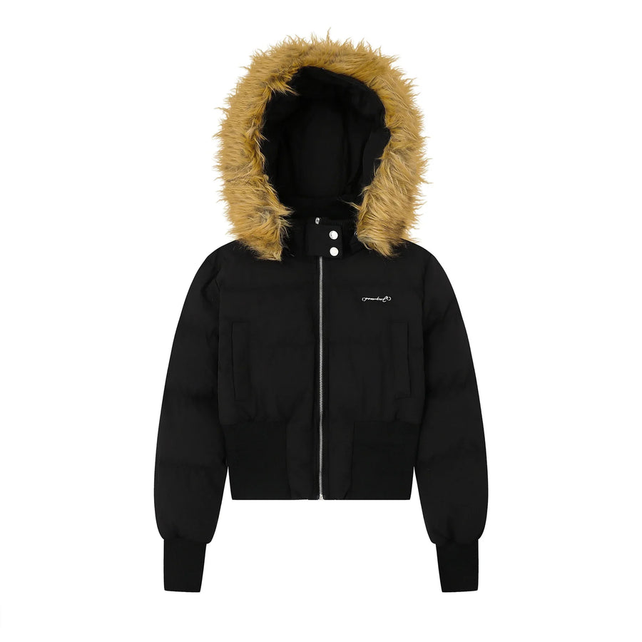 Kurze Steppjacke Damen mit Kapuze und Kunstfellbesatz