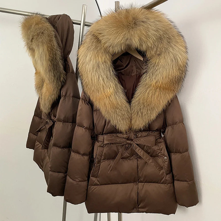 Damen Daunenjacke mit Kunstpelzkragen und Bindegürtel, warme Winterjacke
