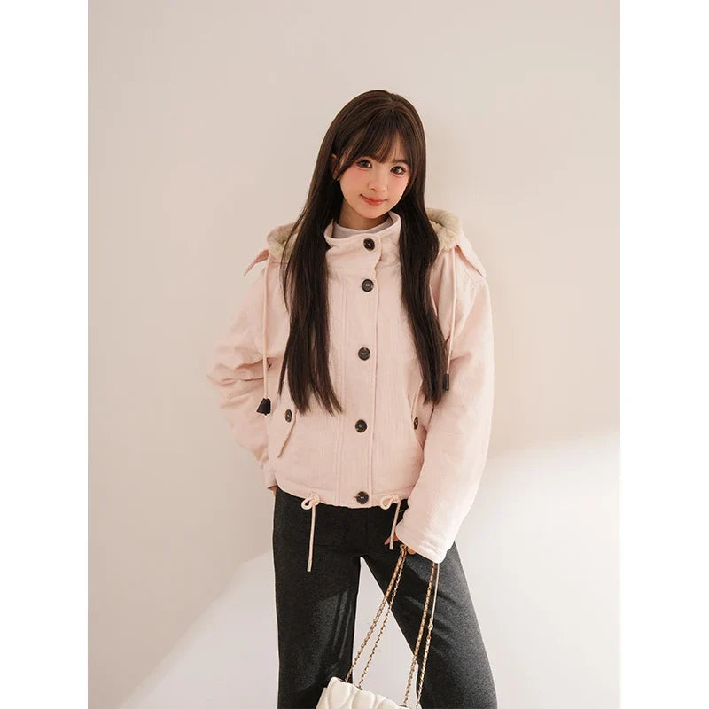 Damen Cord Jacke mit Kapuze und Teddyfutter Hellrosa