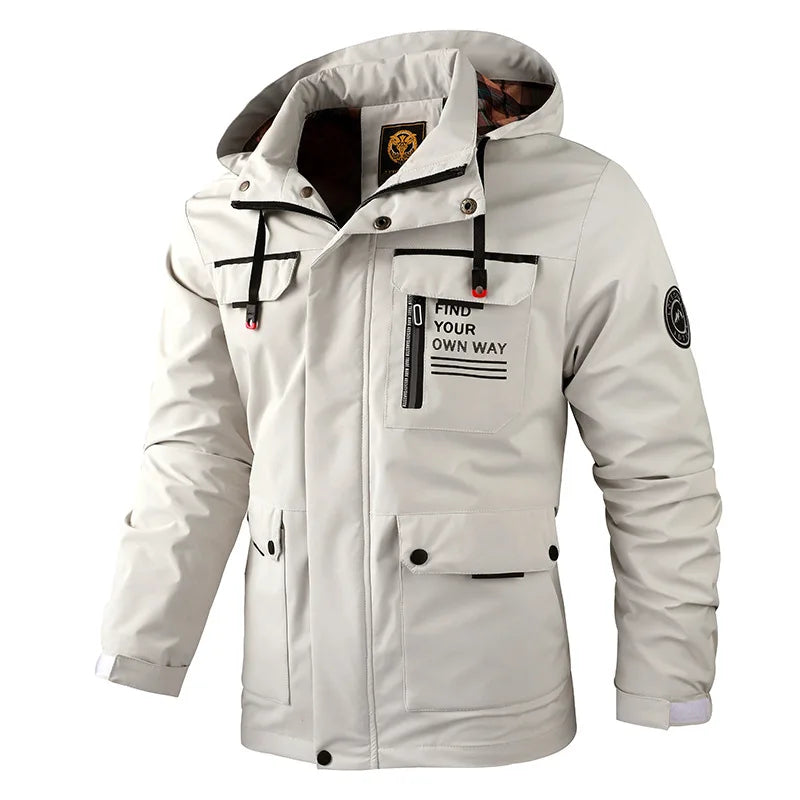 Herren Outdoor Jacke mit Kapuze & Reißverschluss, Winddichte Übergangsjacke mit Taschen