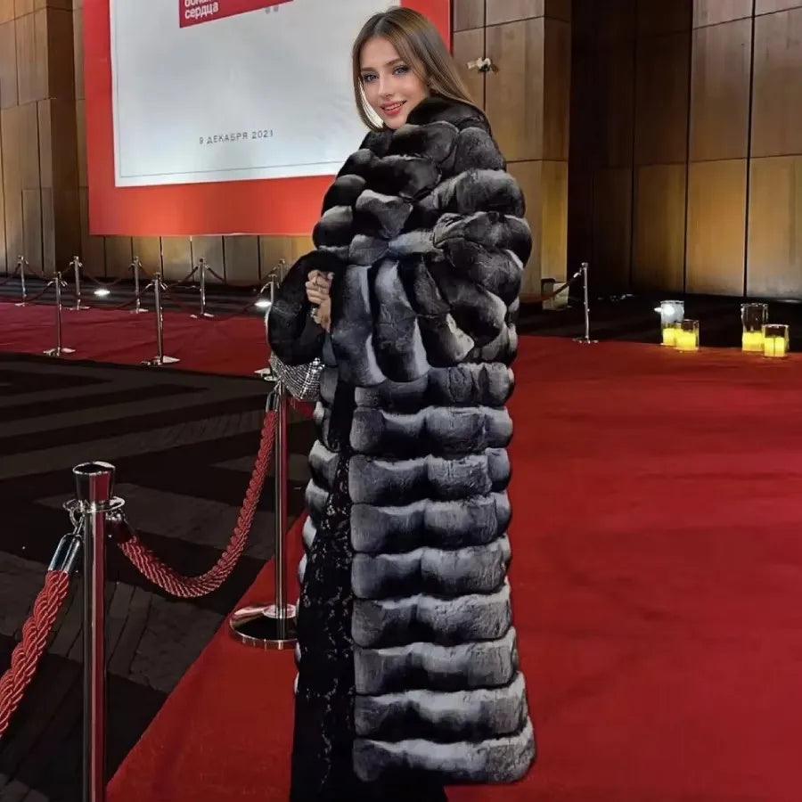 Damen Faux-Pelzmantel lang gestreift Grau Schwarz Weiß Winter Warm
