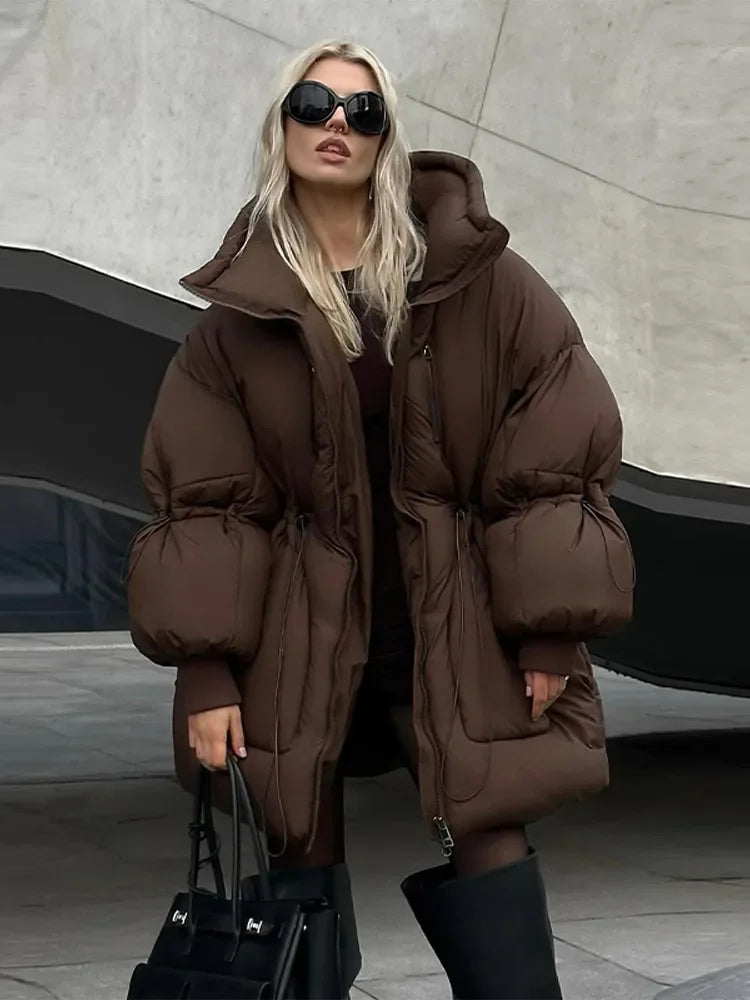 Damen Pufferjacke Oversize Braun Stehkragen Winterjacke