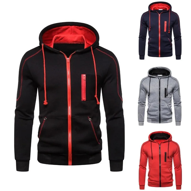 Herenhoodie met rits, contrasterende kleuren en zijzakken