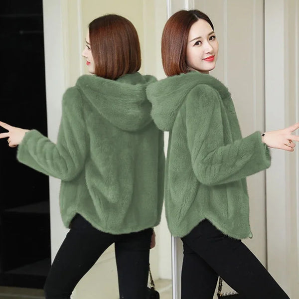Dames korte pluchen hoodie in teddylook met ritssluiting