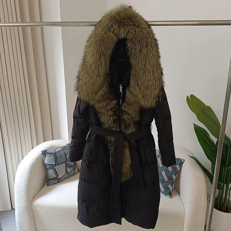 Damen Winter Steppmantel Lang mit Kapuze und Kunstpelzbesatz Gürtel
