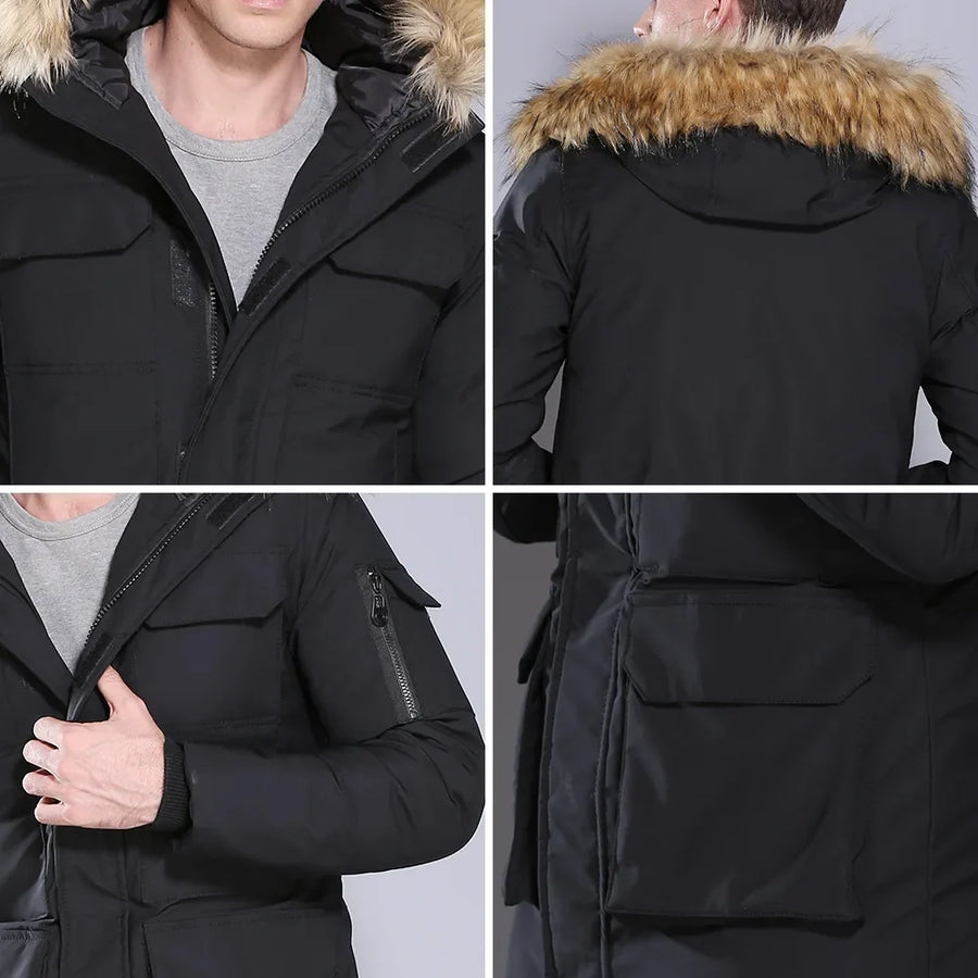 Herren Winterparka Schwarz mit Kapuze und Kunstfellbesatz