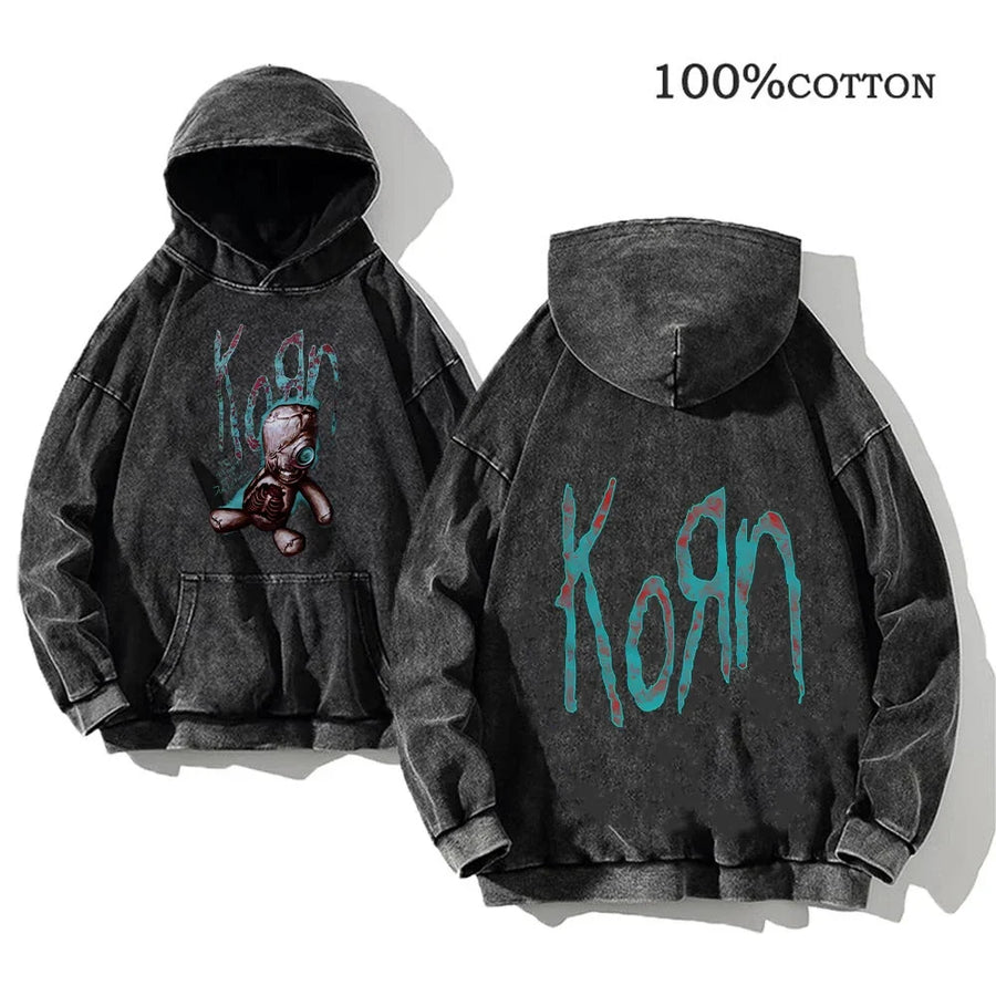 Korn Band Hoodie Unisex Washed Schwarz Kapuzenpullover Oversize