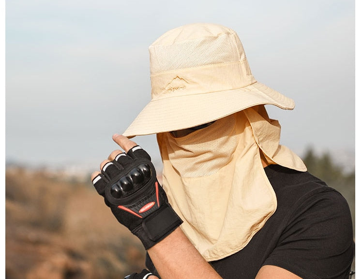 Unisex Sonnenhut mit Nackenschutz und Gesichtsmaske, breiter Krempe und UV-Schutz für Outdoor-Aktivitäten
