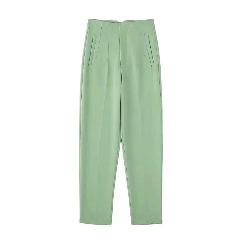 Damesbroek van stof met hoge taille in wortelmodel