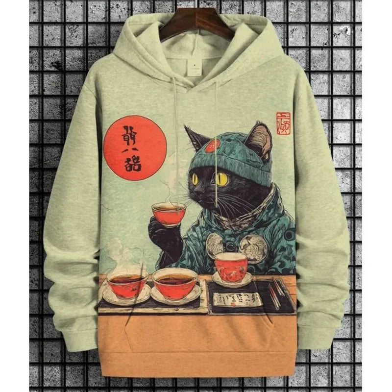 Unisexhoodie met kattenprint en kangoeroezak