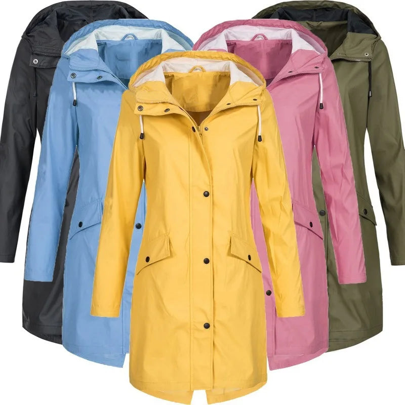 Damen Regenjacke mit Kapuze & Reißverschluss, Übergangsmantel mit Taschen