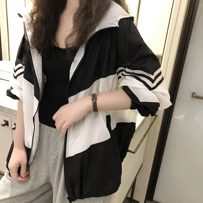 Leichte Kapuzenjacke Zweifarbig Windjacke Damen