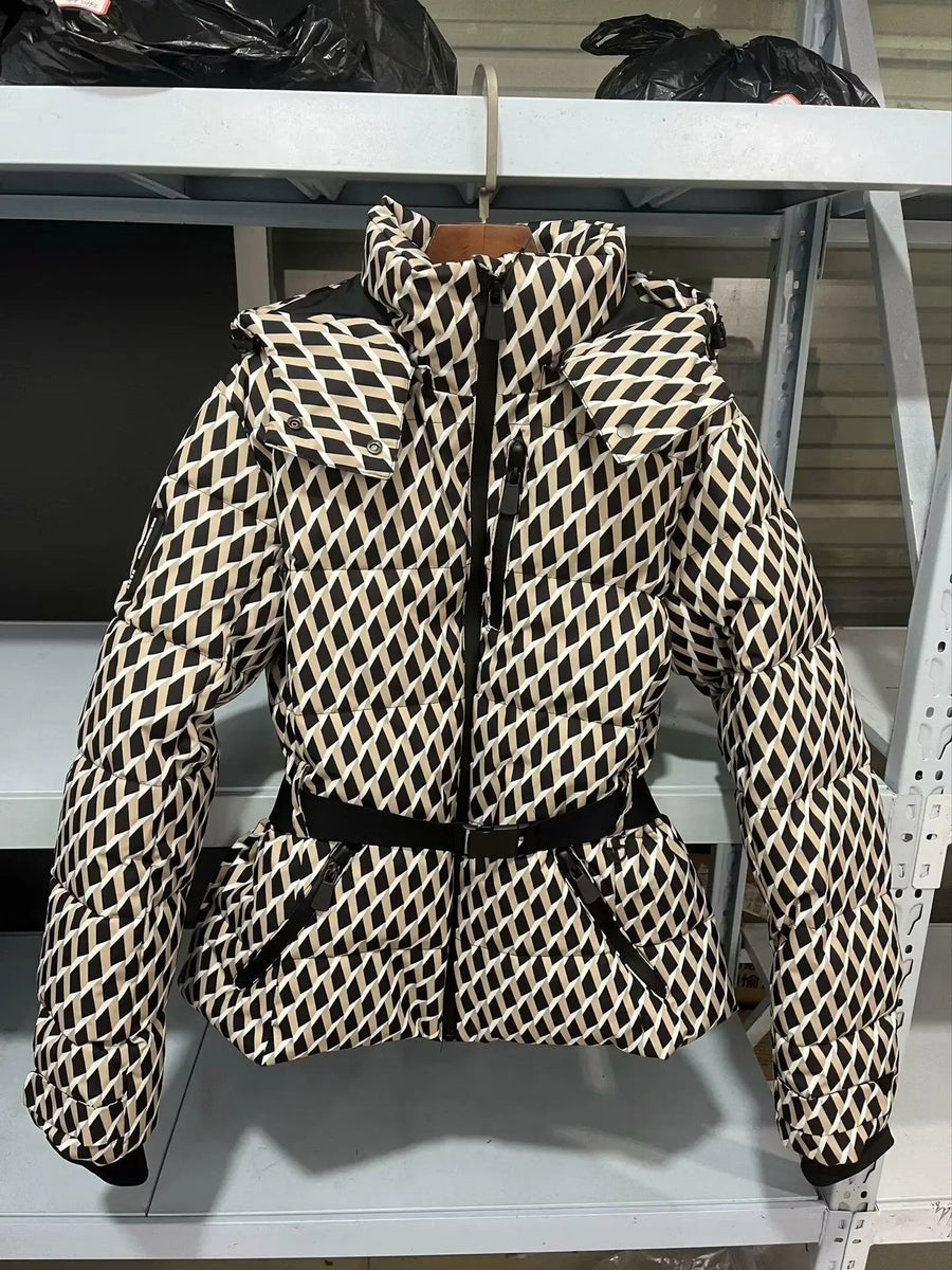 Damen Daunenjacke mit Kapuze und Gürtel, Schwarz