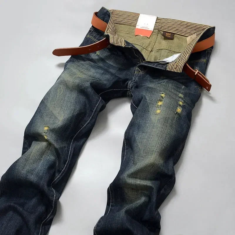 Herenjeans blauw in used look met riemlussen, casual stijl