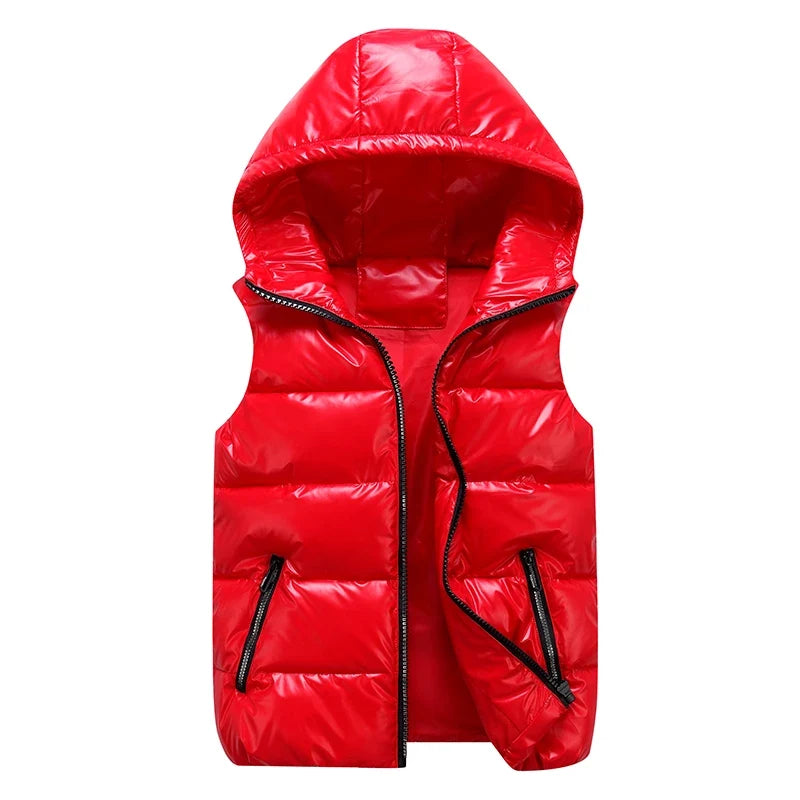 Unisex Steppweste mit Kapuze Glänzend Reißverschluss Daunenlook Freizeit Outdoor