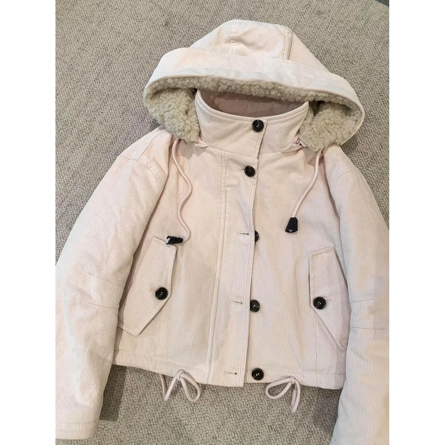 Damen Cord Jacke mit Kapuze und Teddyfutter Hellrosa