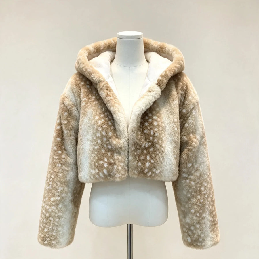 Kurze Damen Kunstfelljacke mit Kapuze, Hirschmuster, Beige