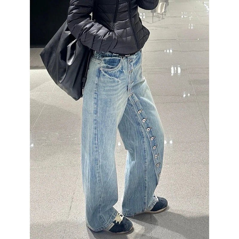 Loose Fit Jeans Damen Hellblau Weites Bein Knöpfe