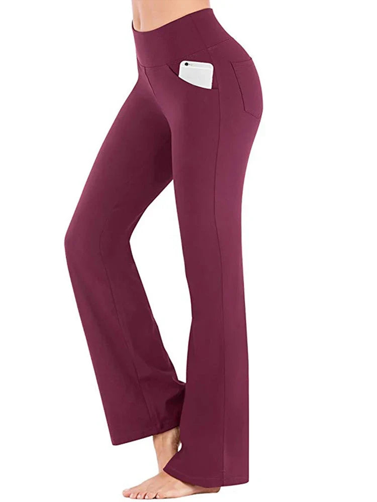 Damen Bootcut Yoga Hose mit hoher Taille und Seitentaschen - Gemütliche Freizeithose