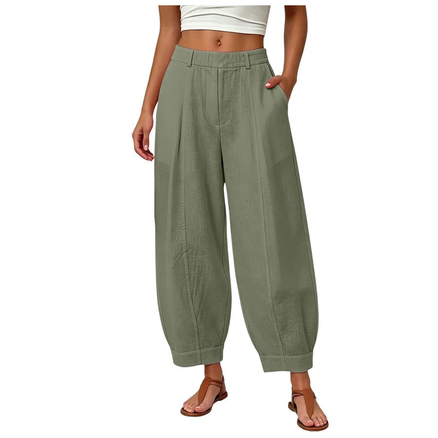 Dames linnen broek met wijde pijpen, hoge taille, elastisch, vrijetijdsbroek