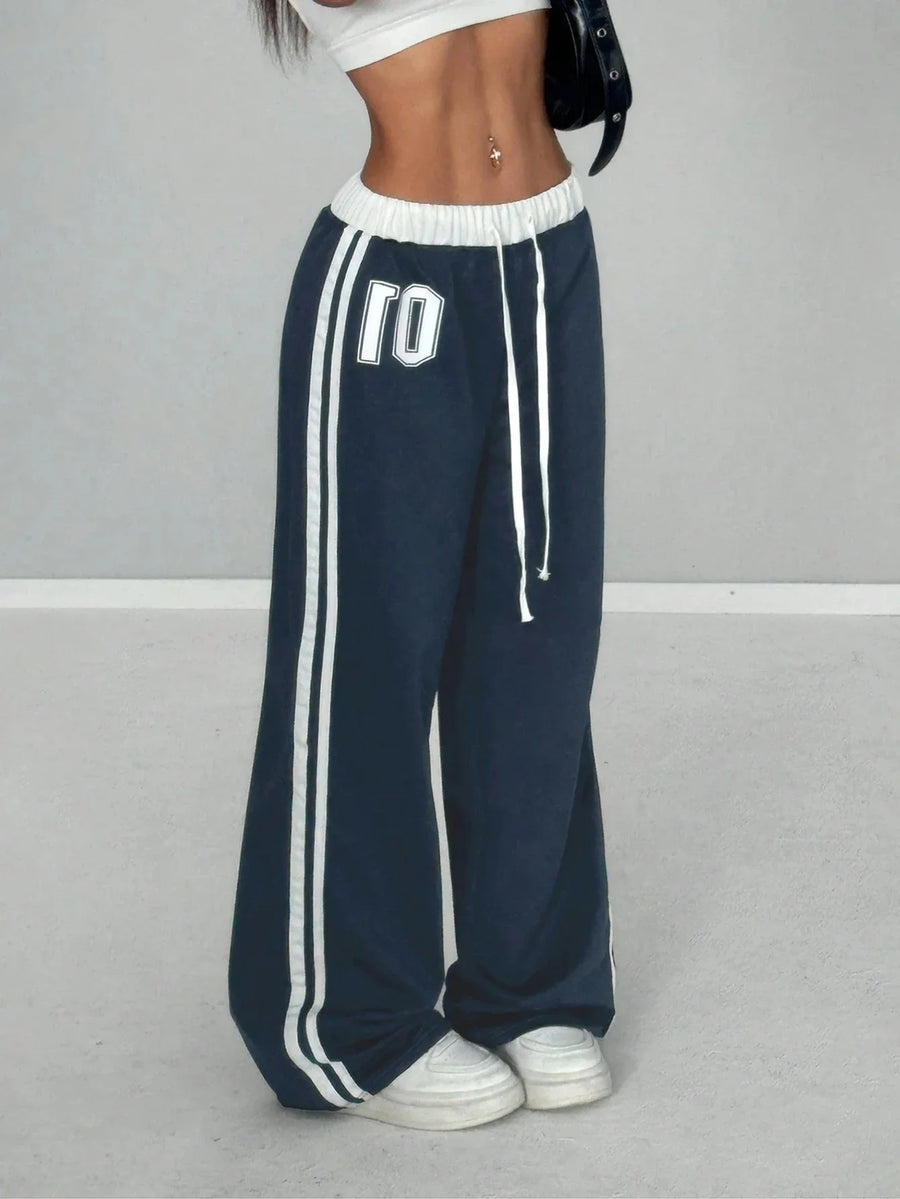 Wide-leg-joggingbroek voor dames met zijstrepen en cijferprint