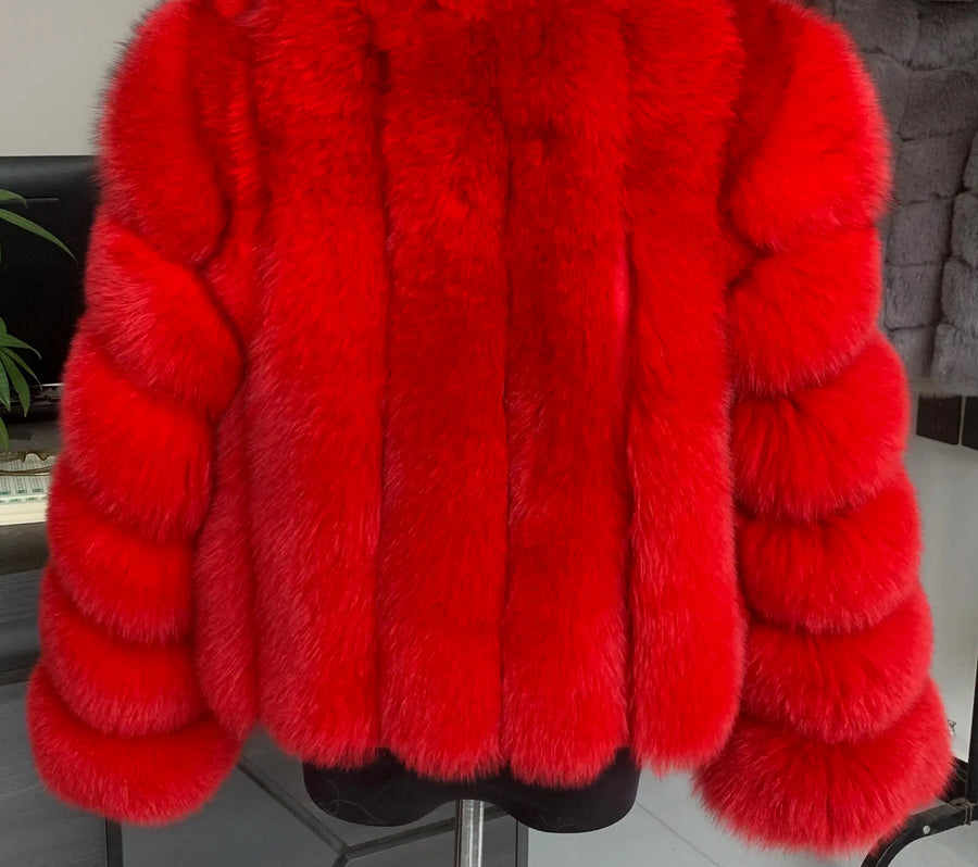 Kurze Damen Kunstpelzjacke mit langen Ärmeln und V-Ausschnitt, mehrfarbig