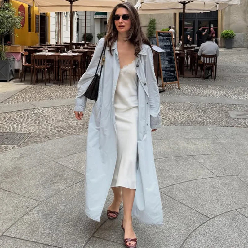 Damen Langer Mantel Übergangs Trenchcoat Stehkragen Weite Ärmel