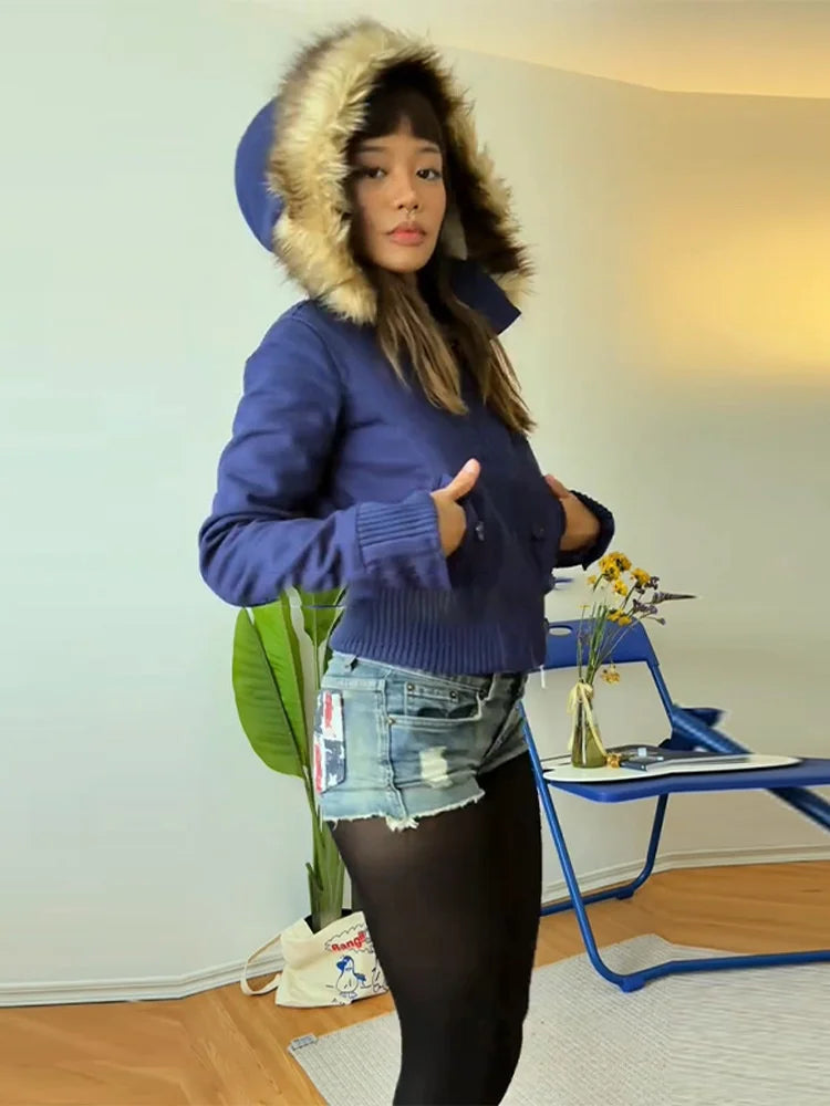 Damen Jacke mit Kapuze und Fellimitatbesatz, Kurz geschnitten