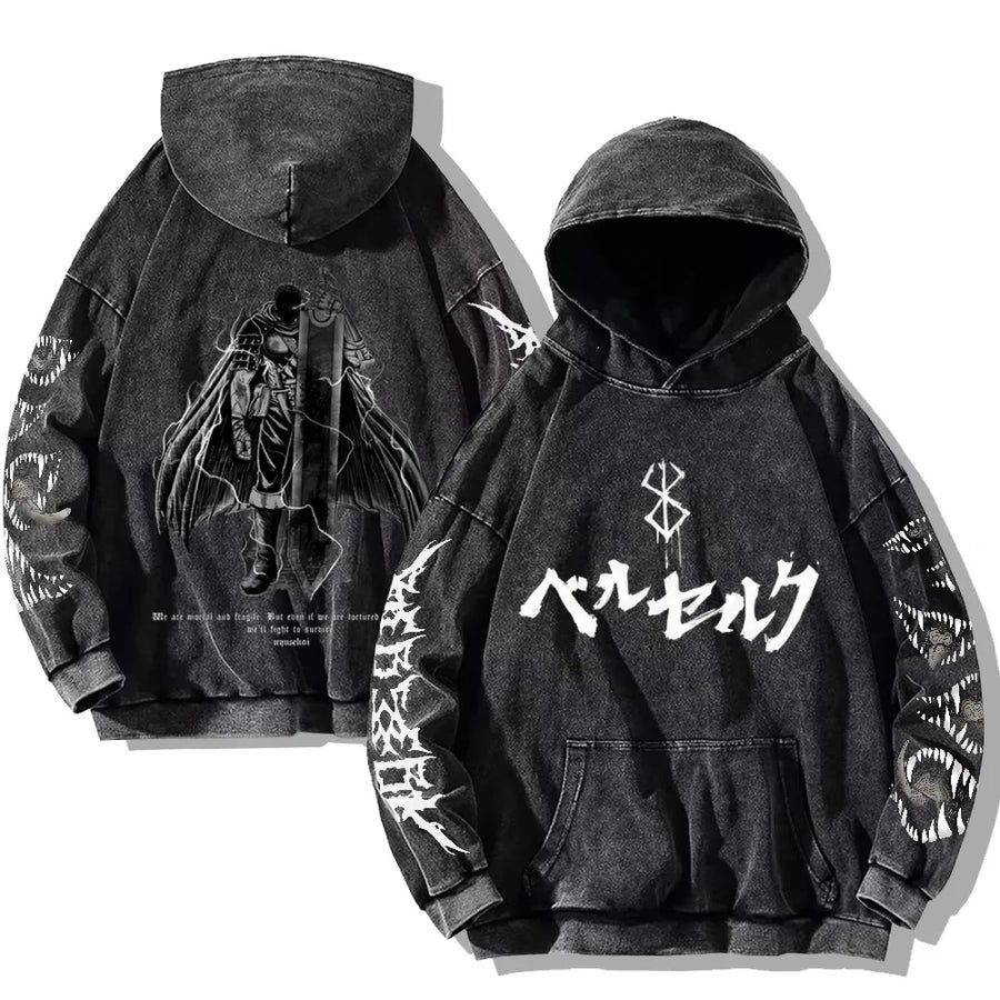 Vintage hoodie met capuchon en kangoeroezak – Berserk-print
