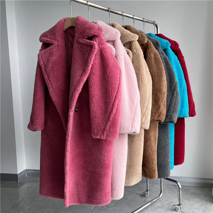 Damen Langer Teddyfell Mantel mit Reverskragen und Taschen