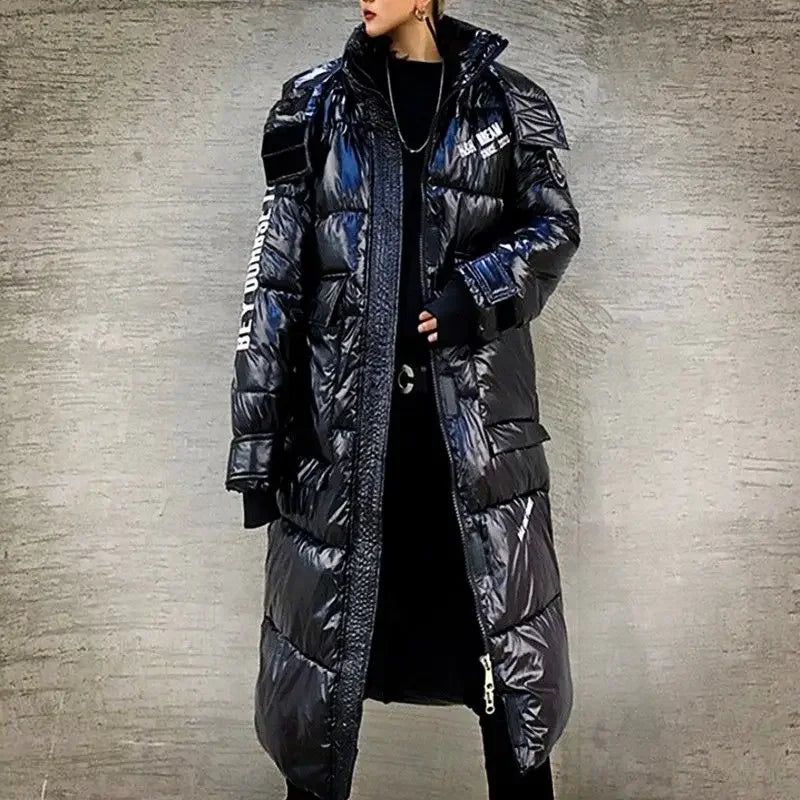 Unisex Langer Puffer Mantel Glänzend Schwarz Winter Jacke