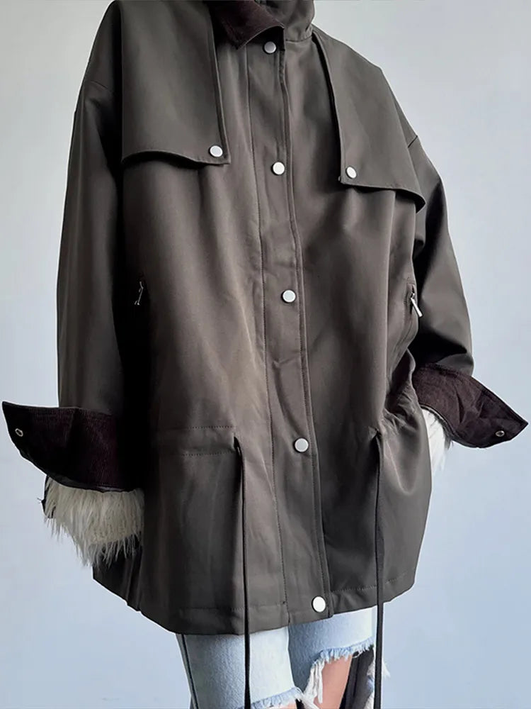 Damen Jacke mit Kordelzug in der Taille und Kontrastkragen - Freizeit Blouson
