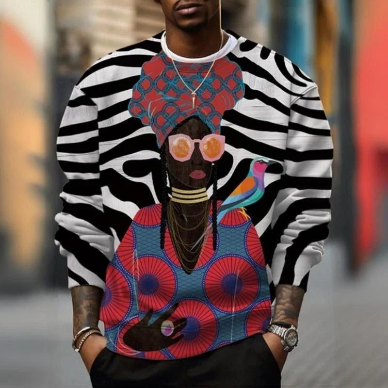 Herentrui met ronde hals, lange mouwen en print met Afrodesign