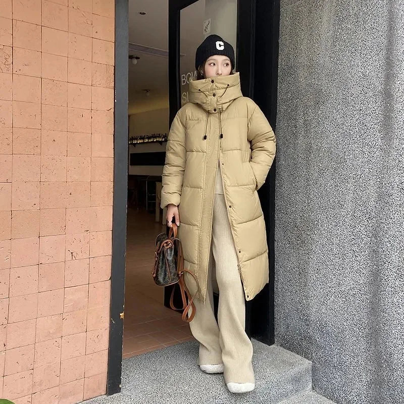 Lange Damen Winter Steppjacke mit Kapuze, gepolsterter Wintermantel