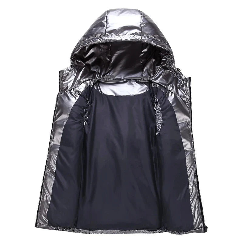 Unisex Steppweste mit Kapuze Glänzend Reißverschluss Daunenlook Freizeit Outdoor