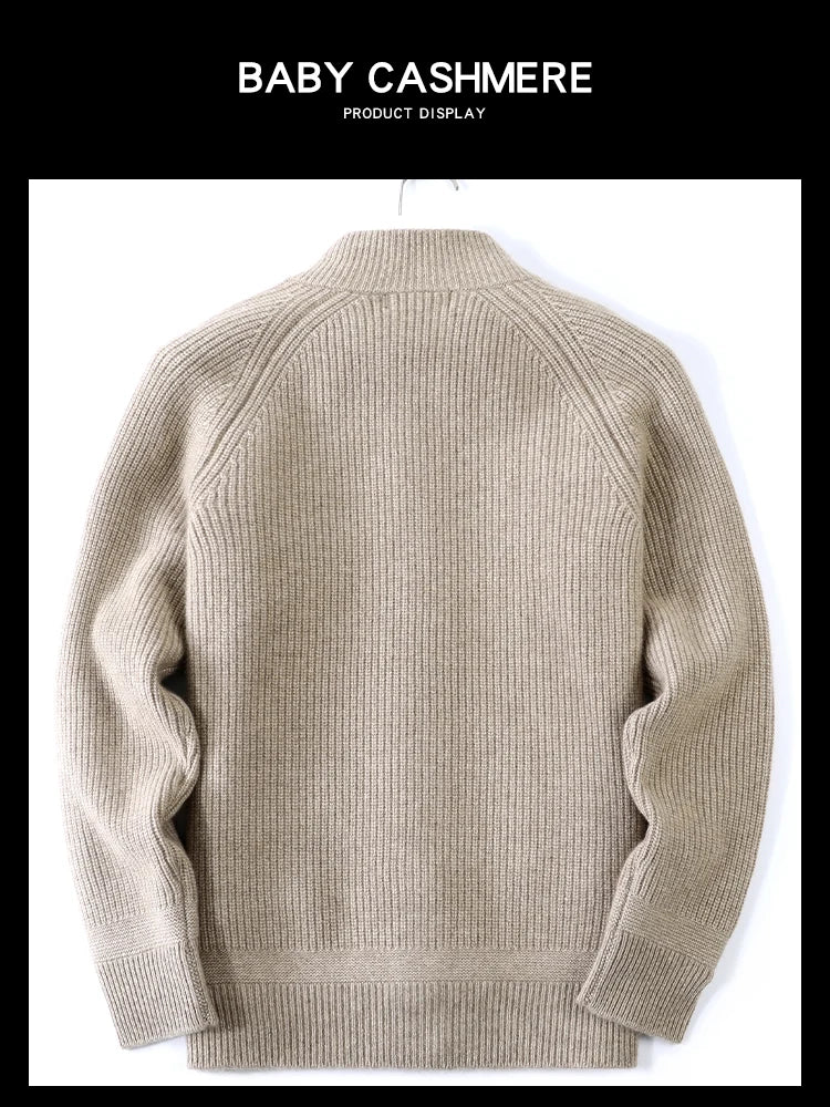 Beige herenvest met opstaande kraag en knoopsluiting, fijngebreid vest met zakken