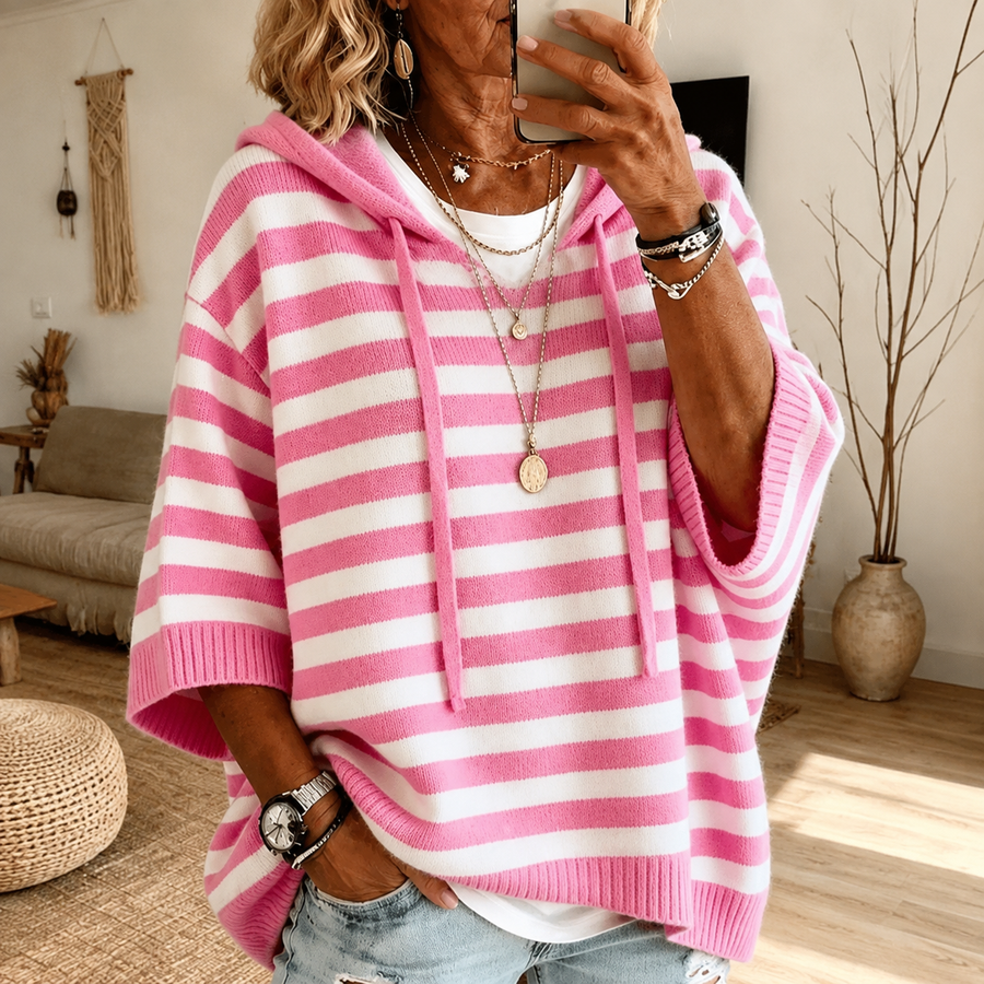 Dames oversized gestreepte hoodie met korte mouwen, roze-witte gebreide trui